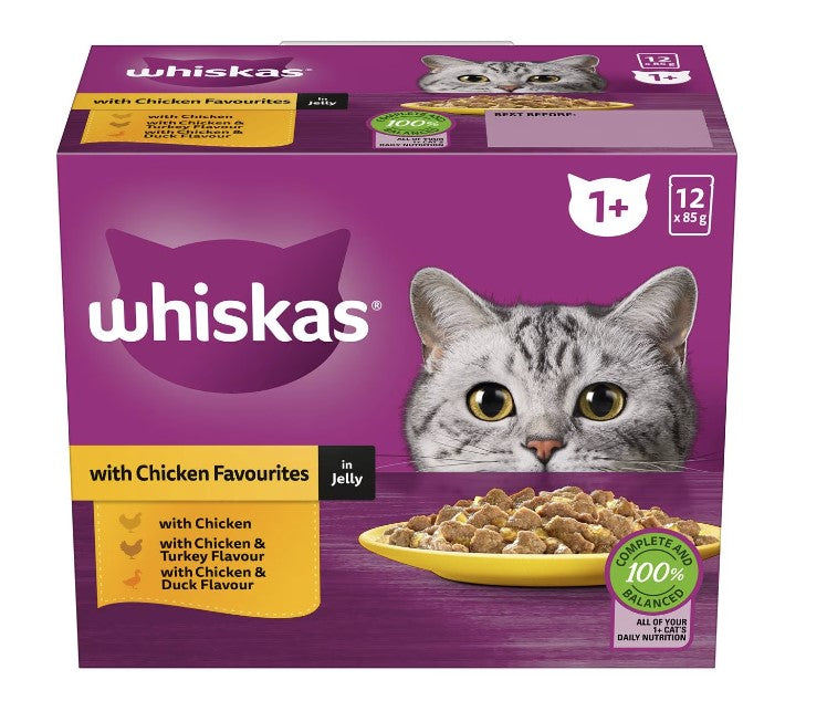 Whiskas Adult 1 + Years Wet Cat Food Chicken Favourites In Jelly 85g X 12 Pack