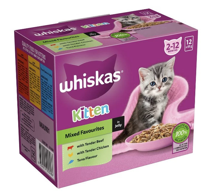 Whiskas Kitten 2-12 Months Wet Cat Food Mixed Favourites In Jelly 85g X 12 Pack