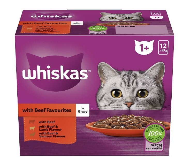 Whiskas 1+ Years Wet Cat Food Favourites Beef In Jelly Pouch 85g X12 Pack