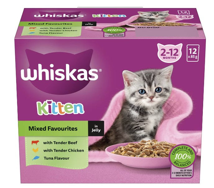 Whiskas Kitten 2-12 Months Wet Cat Food Mixed Favourites In Jelly 85g X 12 Pack