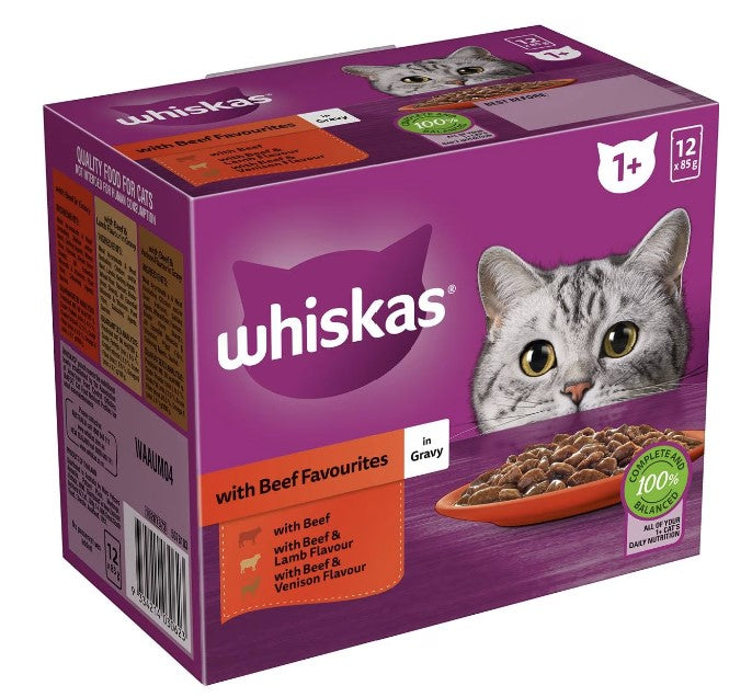 Whiskas 1+ Years Wet Cat Food Favourites Beef In Jelly Pouch 85g X12 Pack